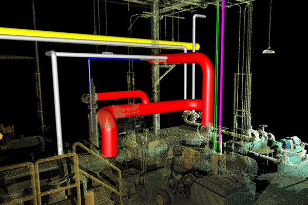 3D laser scan of piping for pipe modeling in plant expansion.